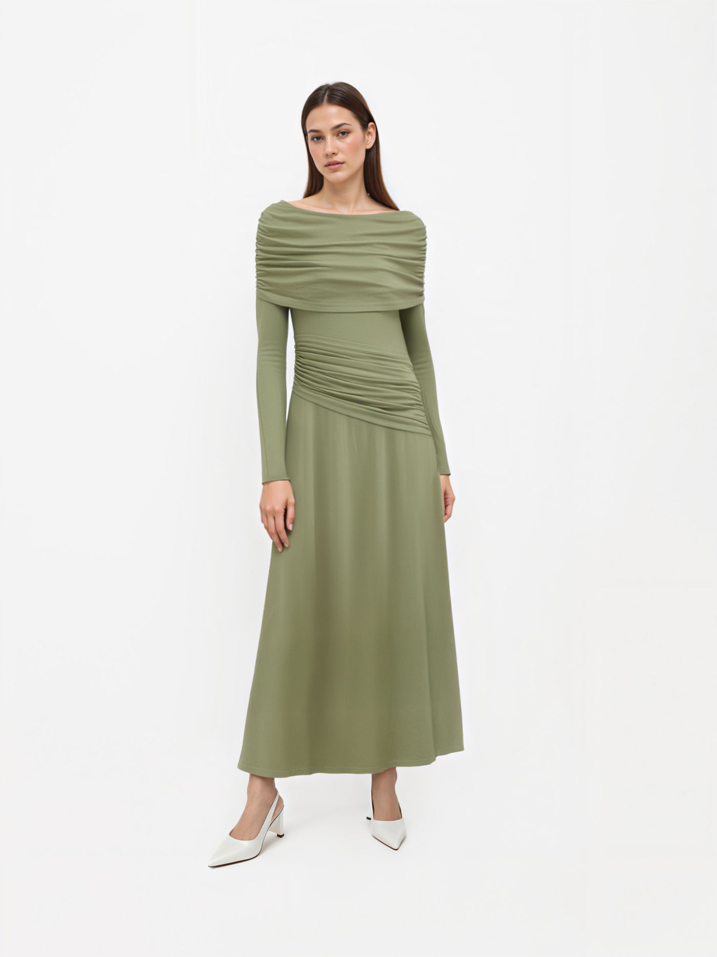 Boat Neck Long Sleeve Ruched Maxi Dress