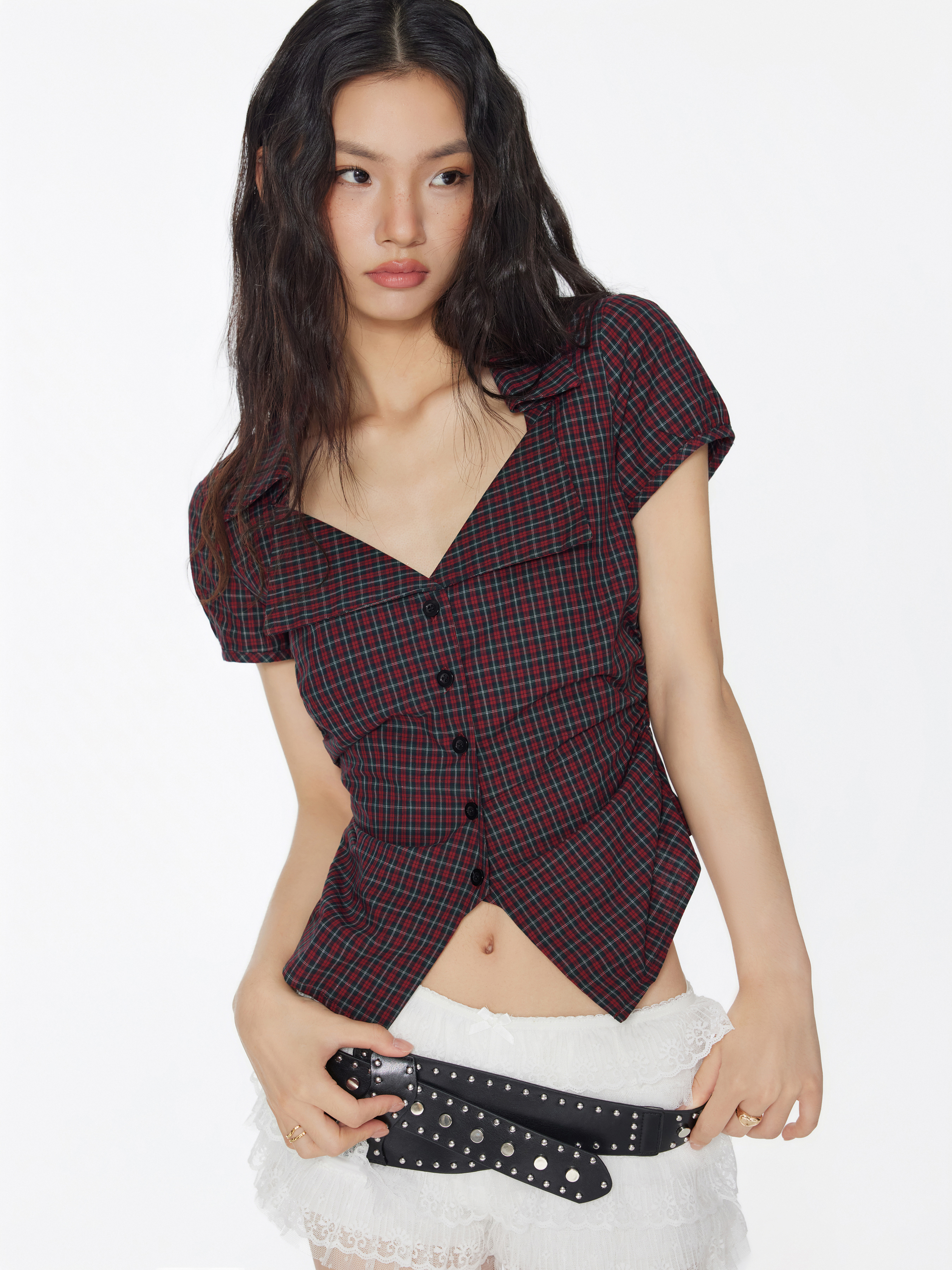 100% Cotton Tartan Split Ruched Shirt