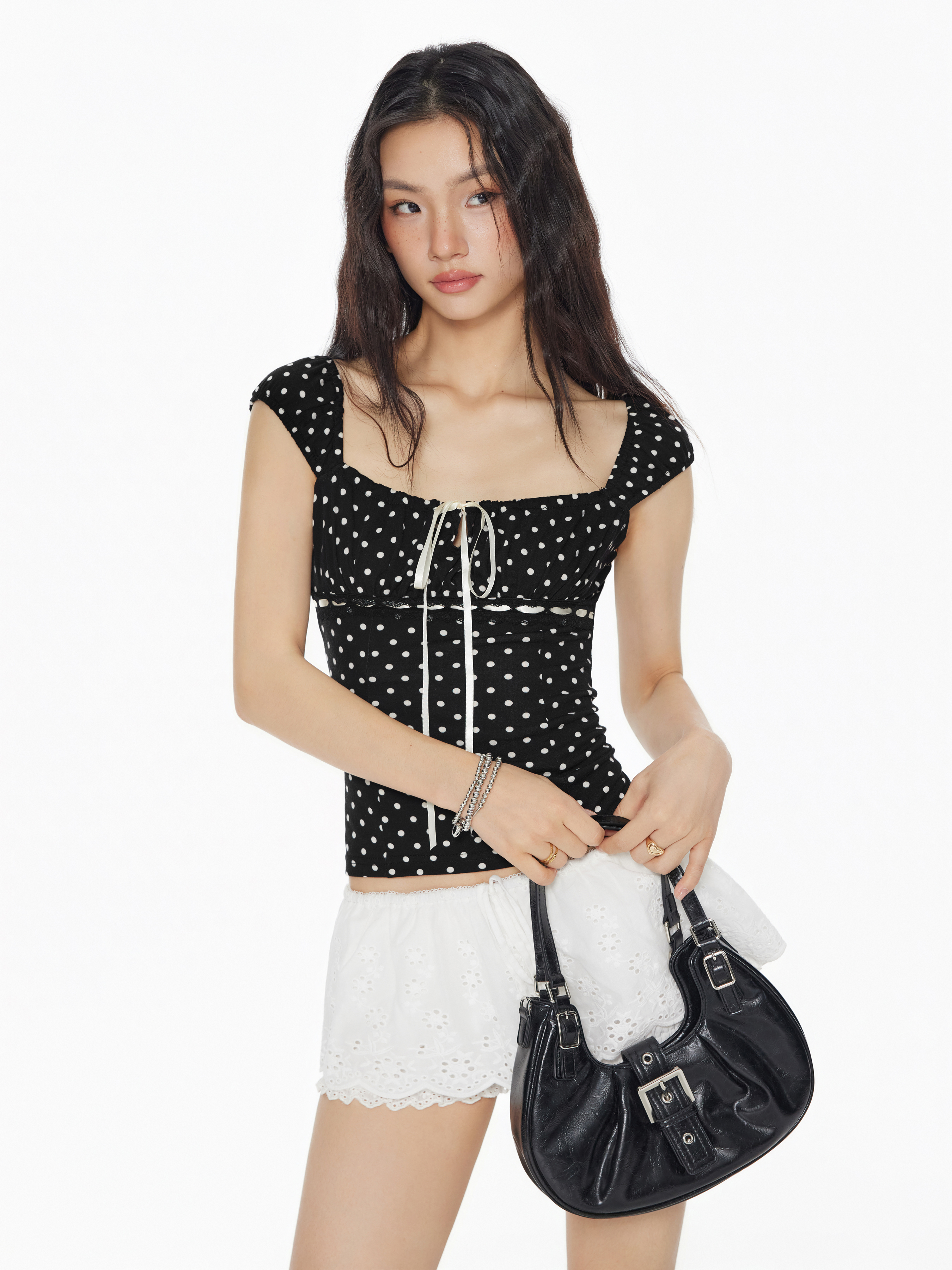 Square Neck Polka Dot Knotted Short Sleeve Top