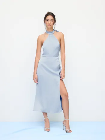 Satin Maxikleid mit Halterhals und Knoten am Schlitz