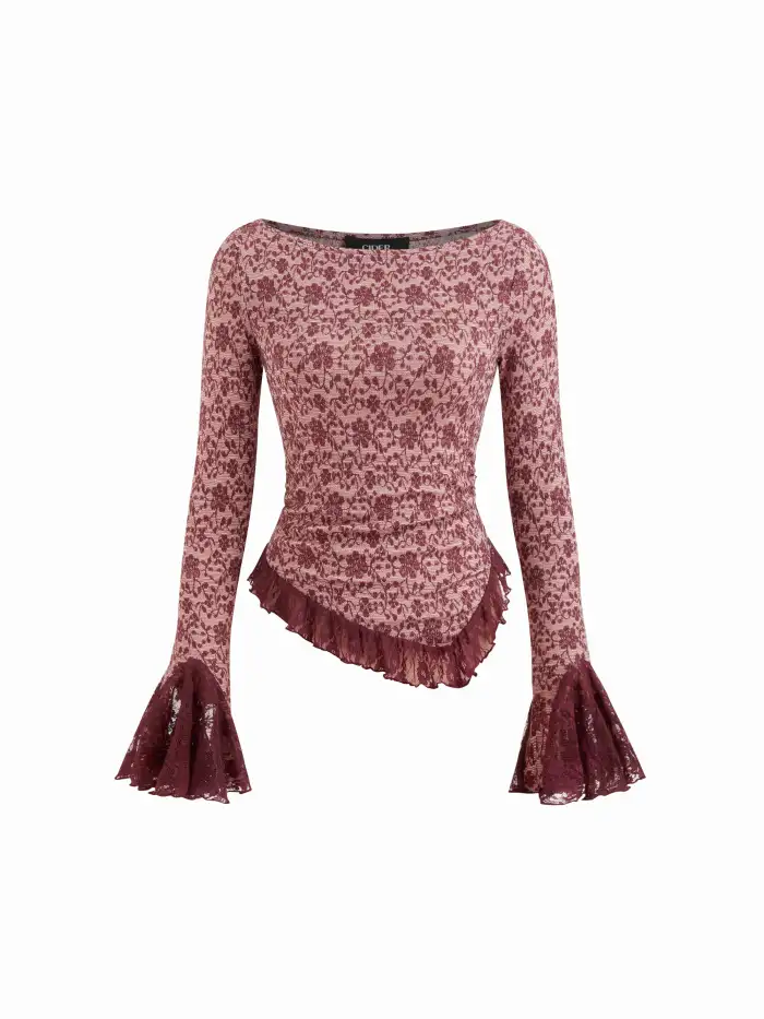 Lace Boat Neck Floral Ruched Asymmetrical Hem Bell Sleeve Top