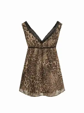V-Ausschnitt Leopard-Muster Nachtkleid mit Schnürung und Spitzenrand