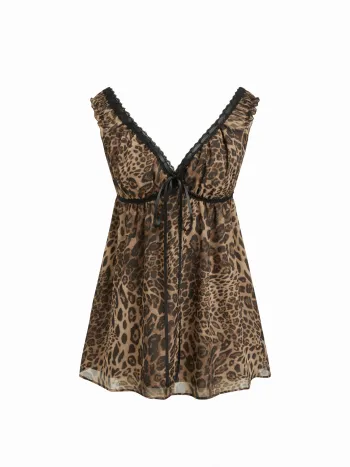 V-Ausschnitt Leopard-Muster Nachtkleid mit Schnürung und Spitzenrand