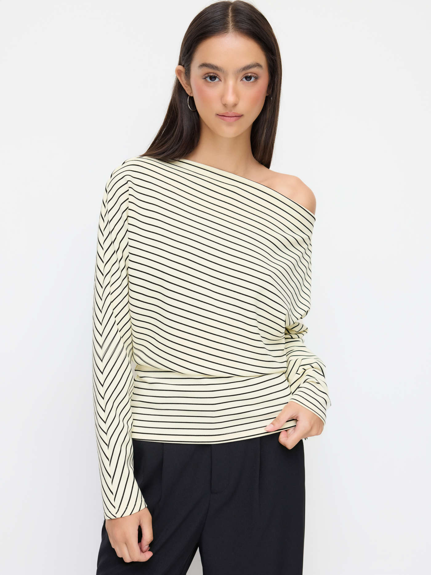 Knit Fabric Cotton-blend Stripe Boat Neck Long Sleeve Top For Daily Casual