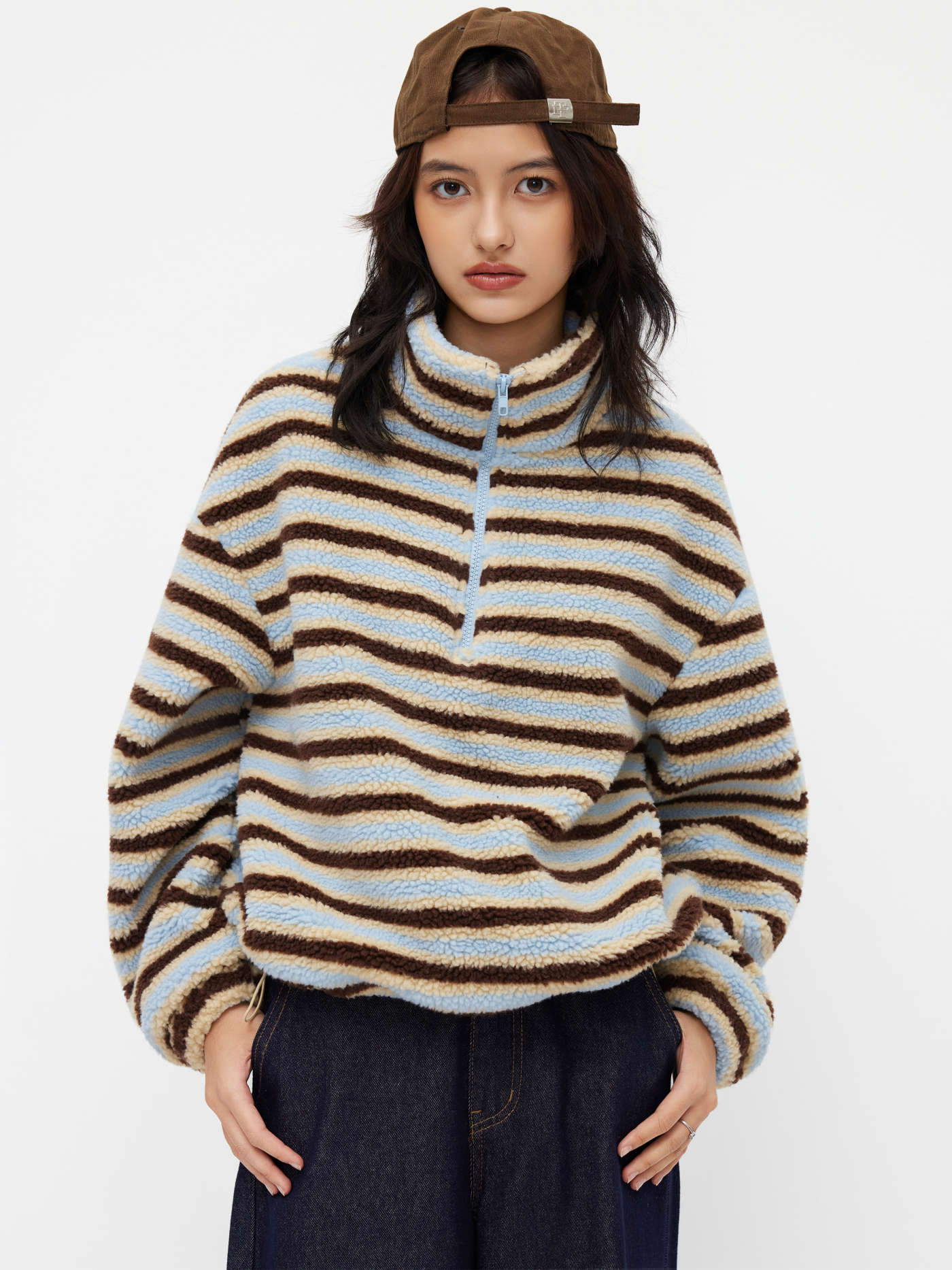 Fleece Stripe Stand Collar Drawstring Half Zip Oversized Sweatshirt