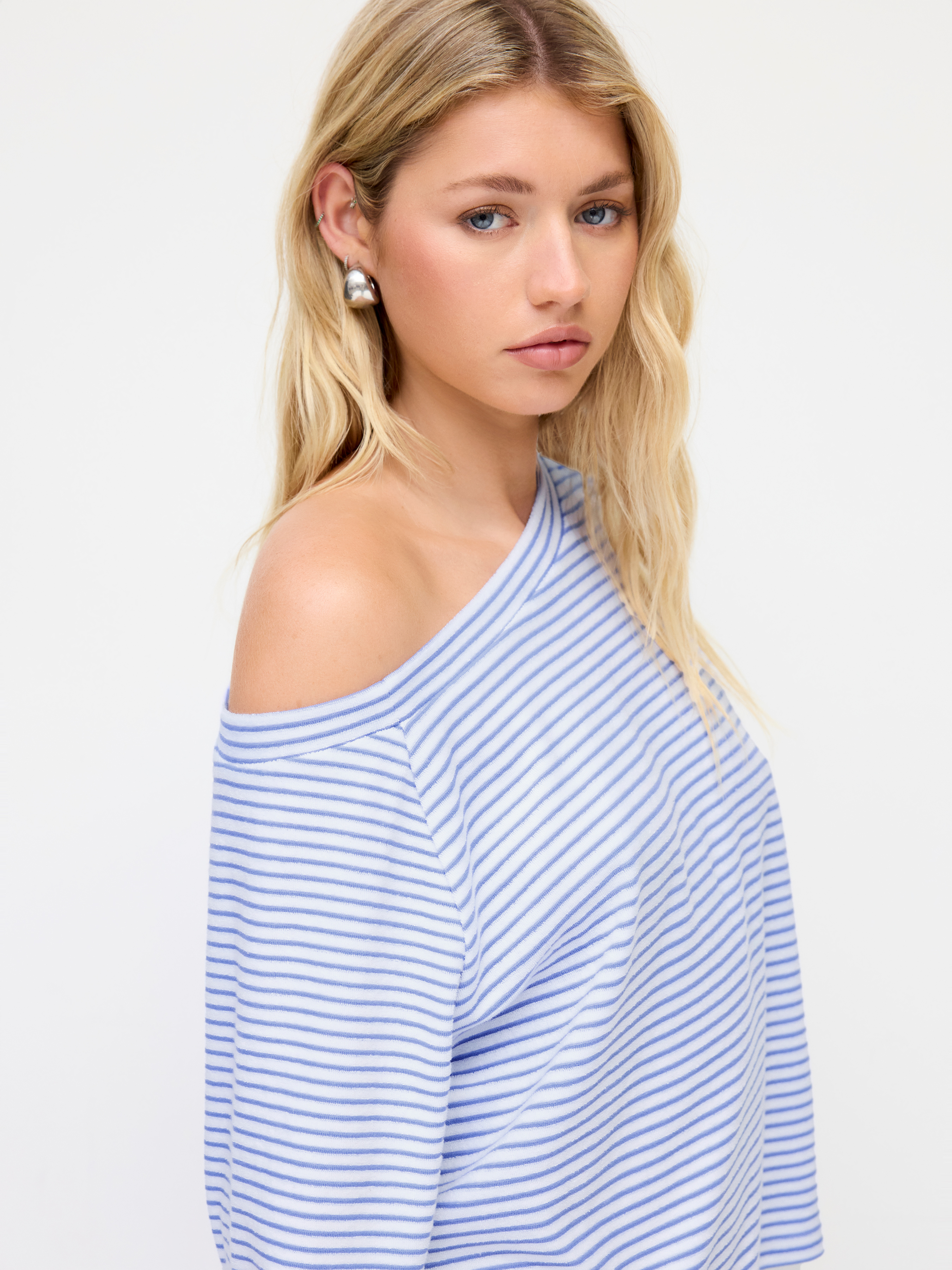 Cotton-blend Asymmetrical Neck Striped Oversized Top & Mid Rise Drawstring Trousers Loungewear Set