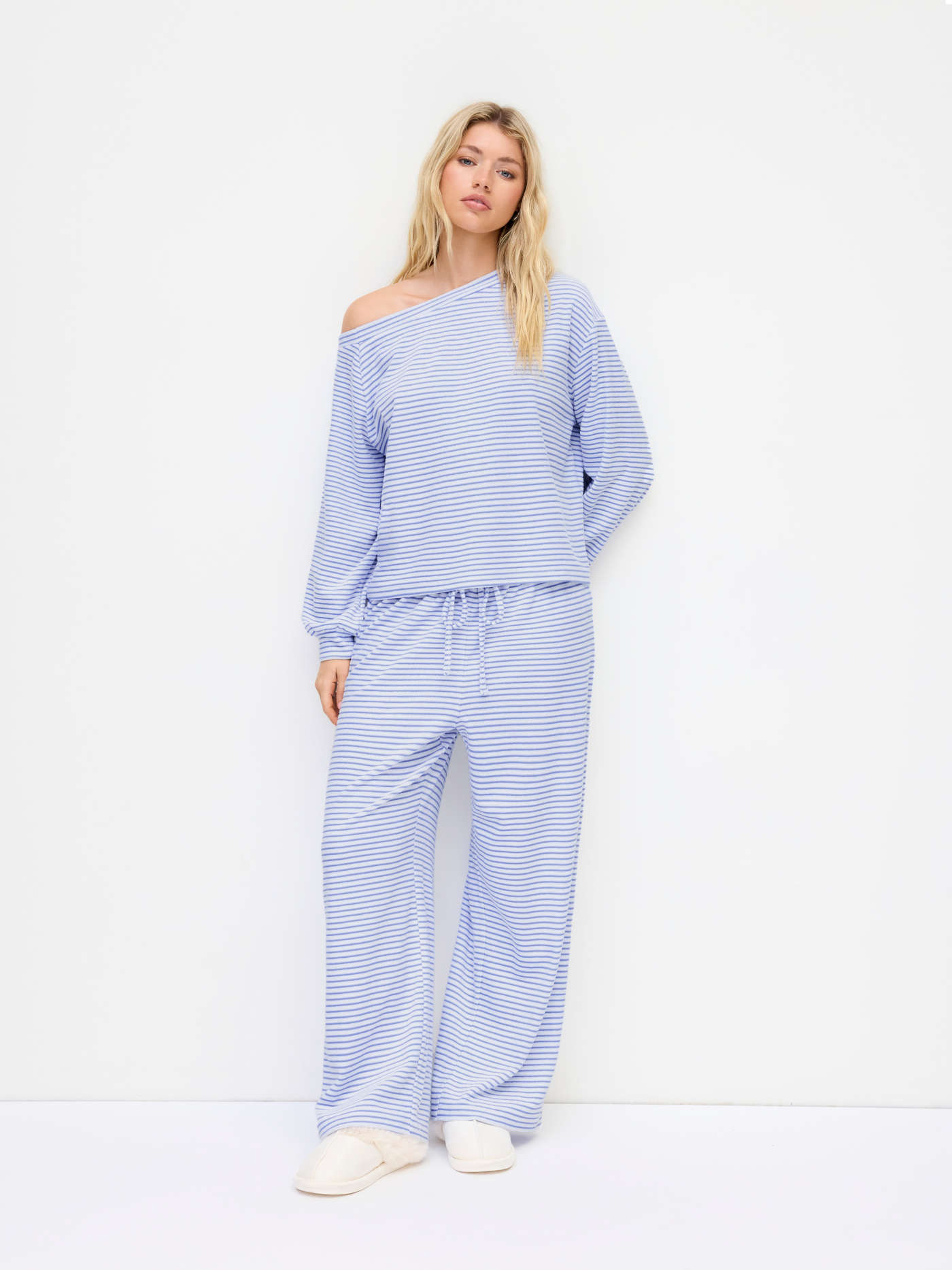 Cotton-blend Asymmetrical Neck Striped Oversized Top & Mid Rise Drawstring Trousers Loungewear Set