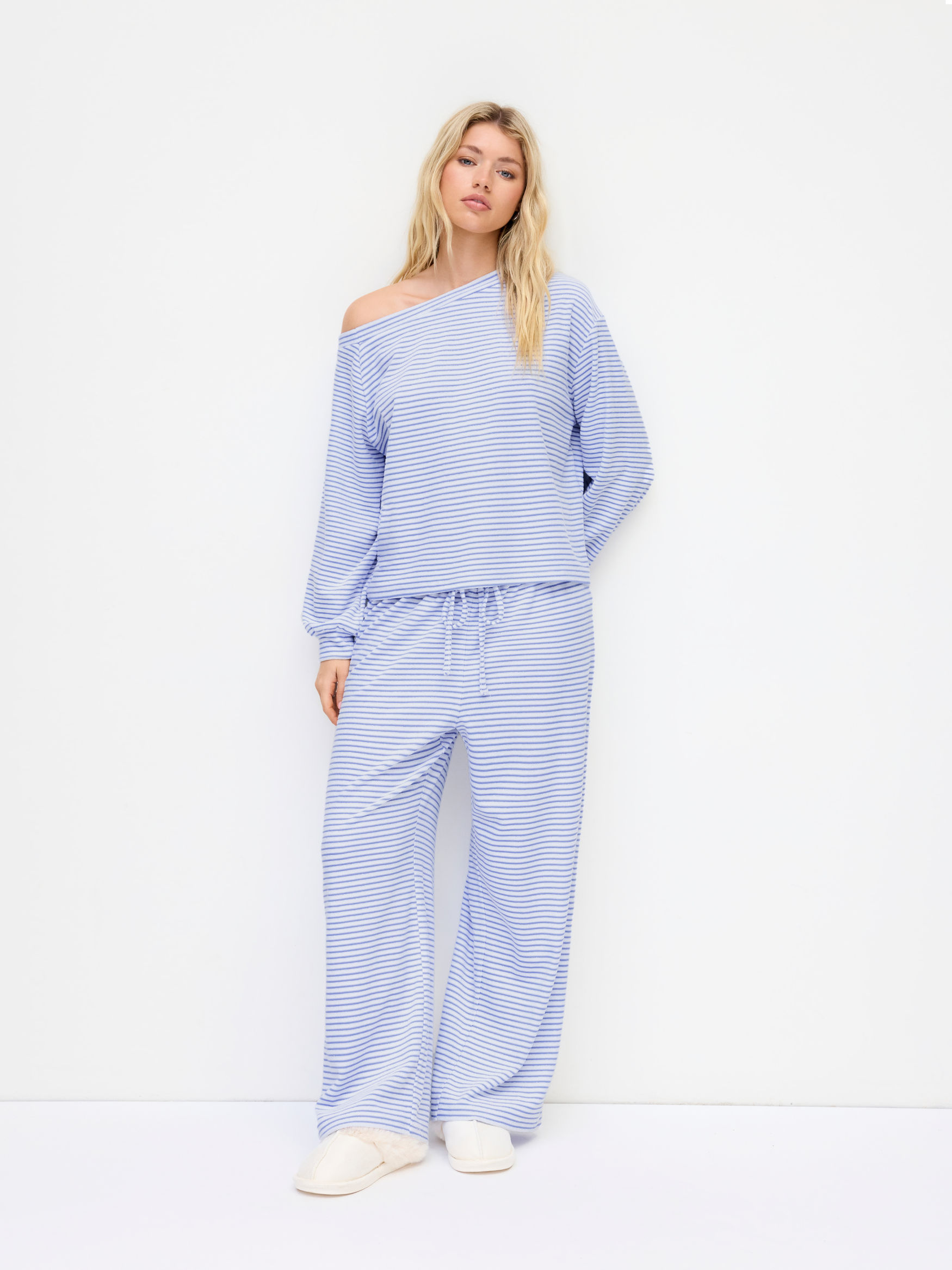 Cotton-blend Asymmetrical Neck Striped Oversized Top & Mid Rise Drawstring Trousers Loungewear Set