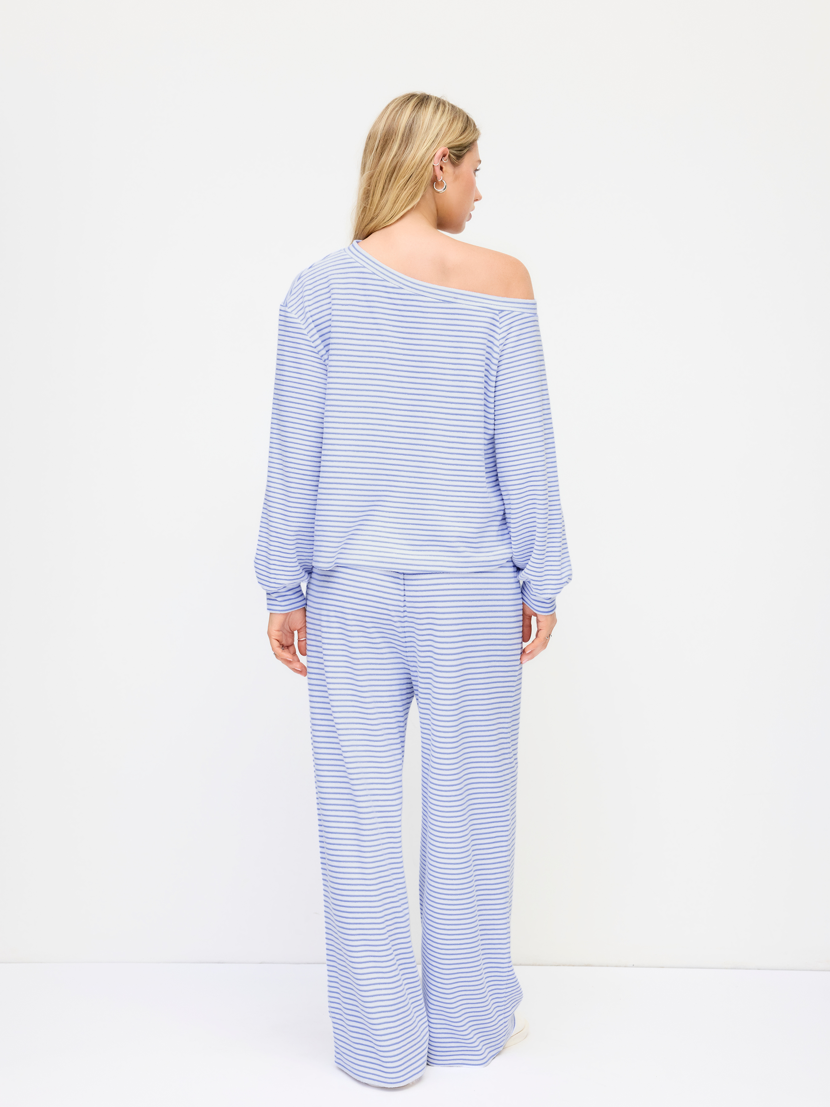 Cotton-blend Asymmetrical Neck Striped Oversized Top & Mid Rise Drawstring Trousers Loungewear Set
