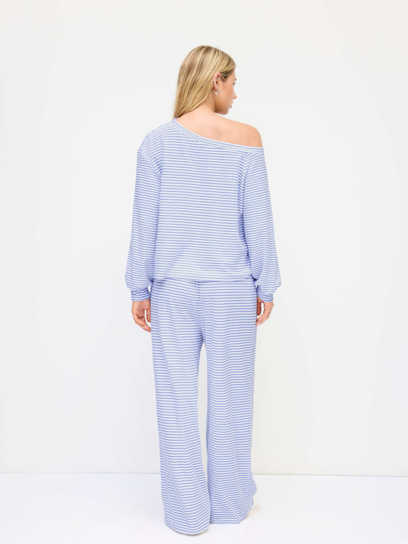 Cotton-blend Asymmetrical Neck Striped Oversized Top & Mid Rise Drawstring Trousers Loungewear Set