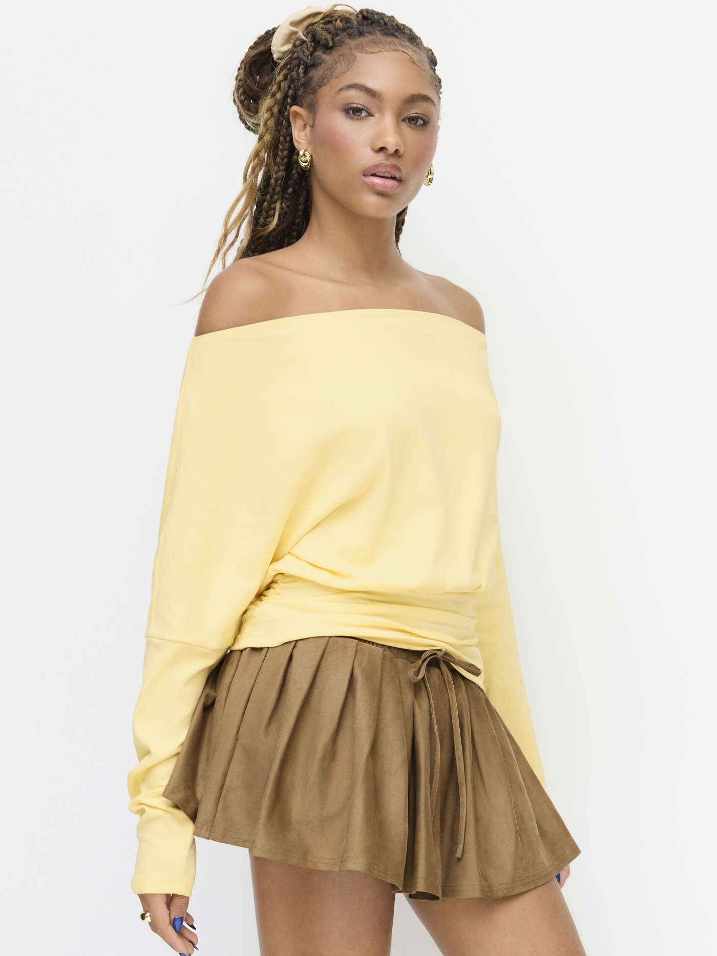Cotton-blend Asymmetrical Neckline Ruched Cinched Waist Tee