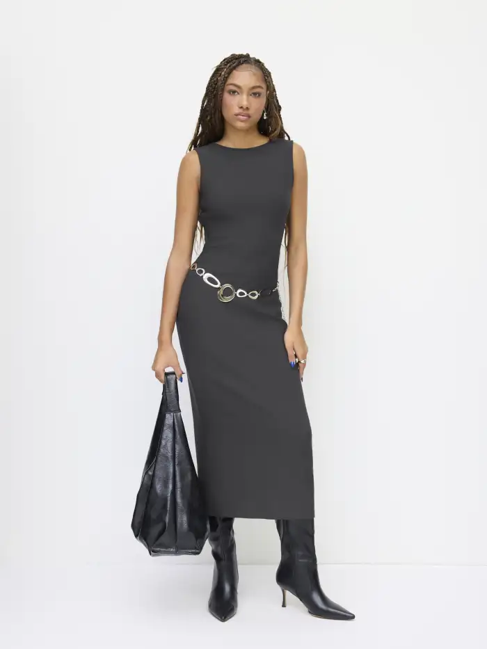 backless pencil dress Women's Sexy Party Solid Color Backless Halter Rosette Cut Out Back Slit  Midi Pencil Dress In BLACK