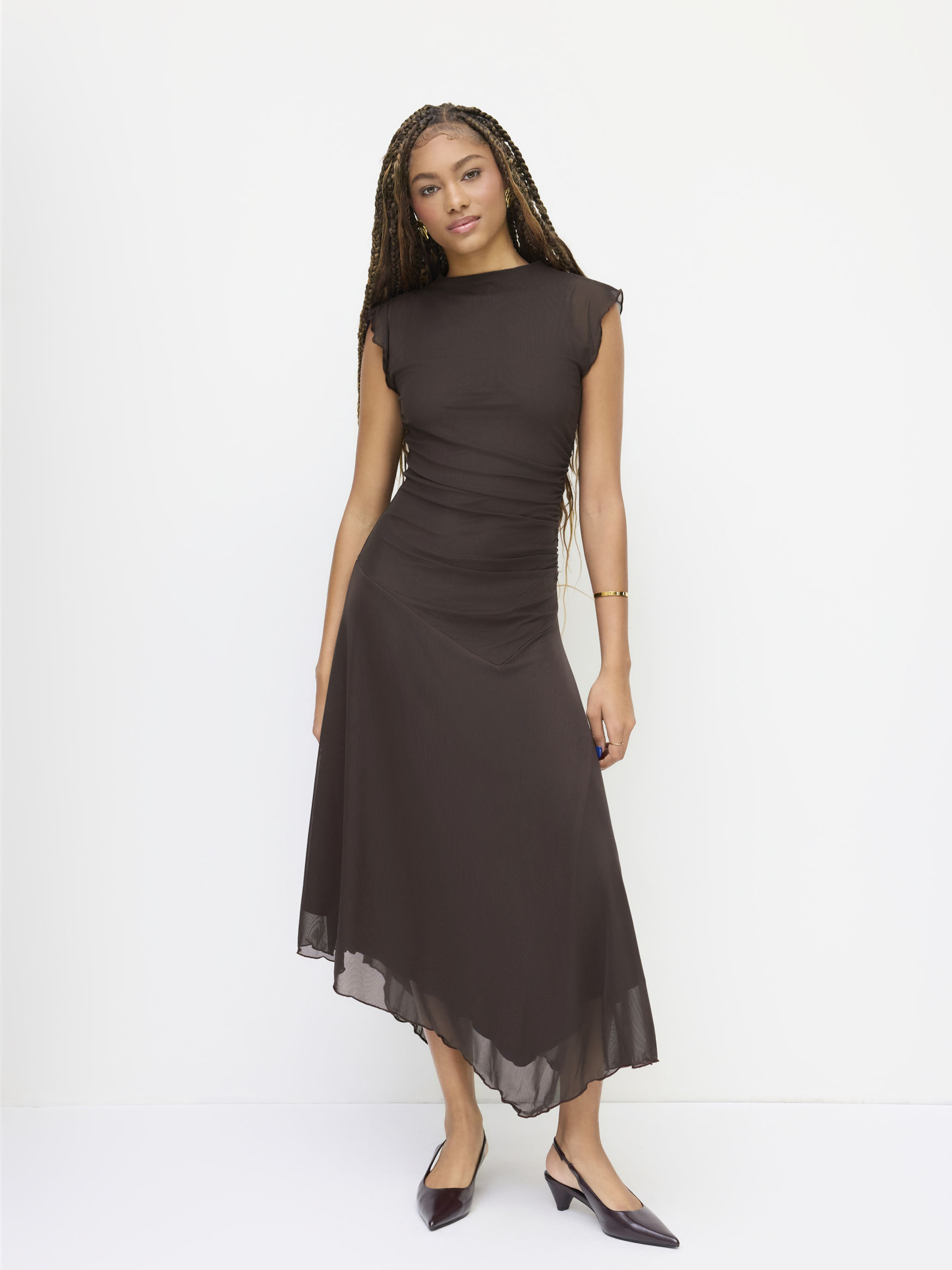 High Neck Ruched Asymmetrical Hem Midi Dress