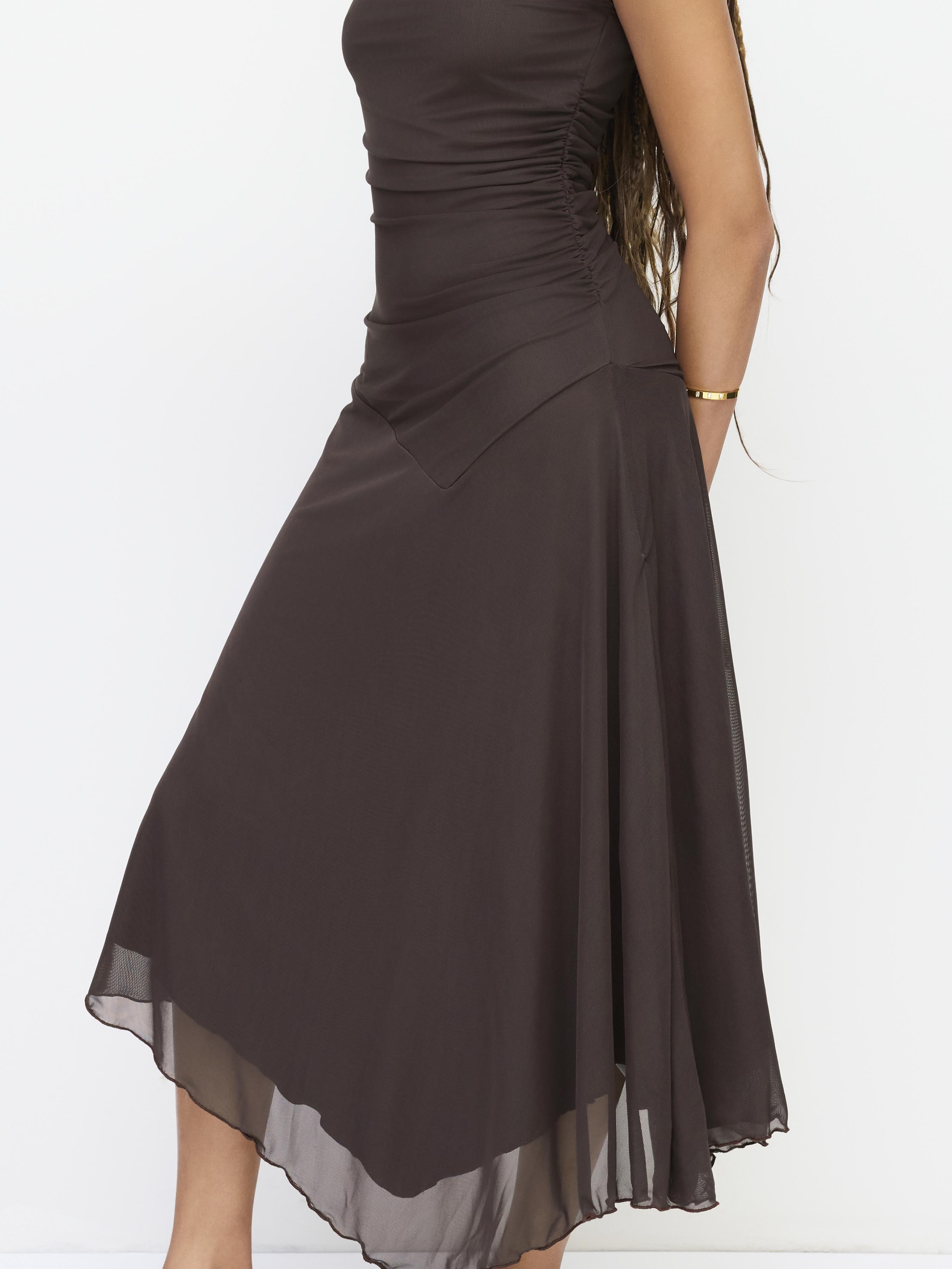 High Neck Ruched Asymmetrical Hem Midi Dress