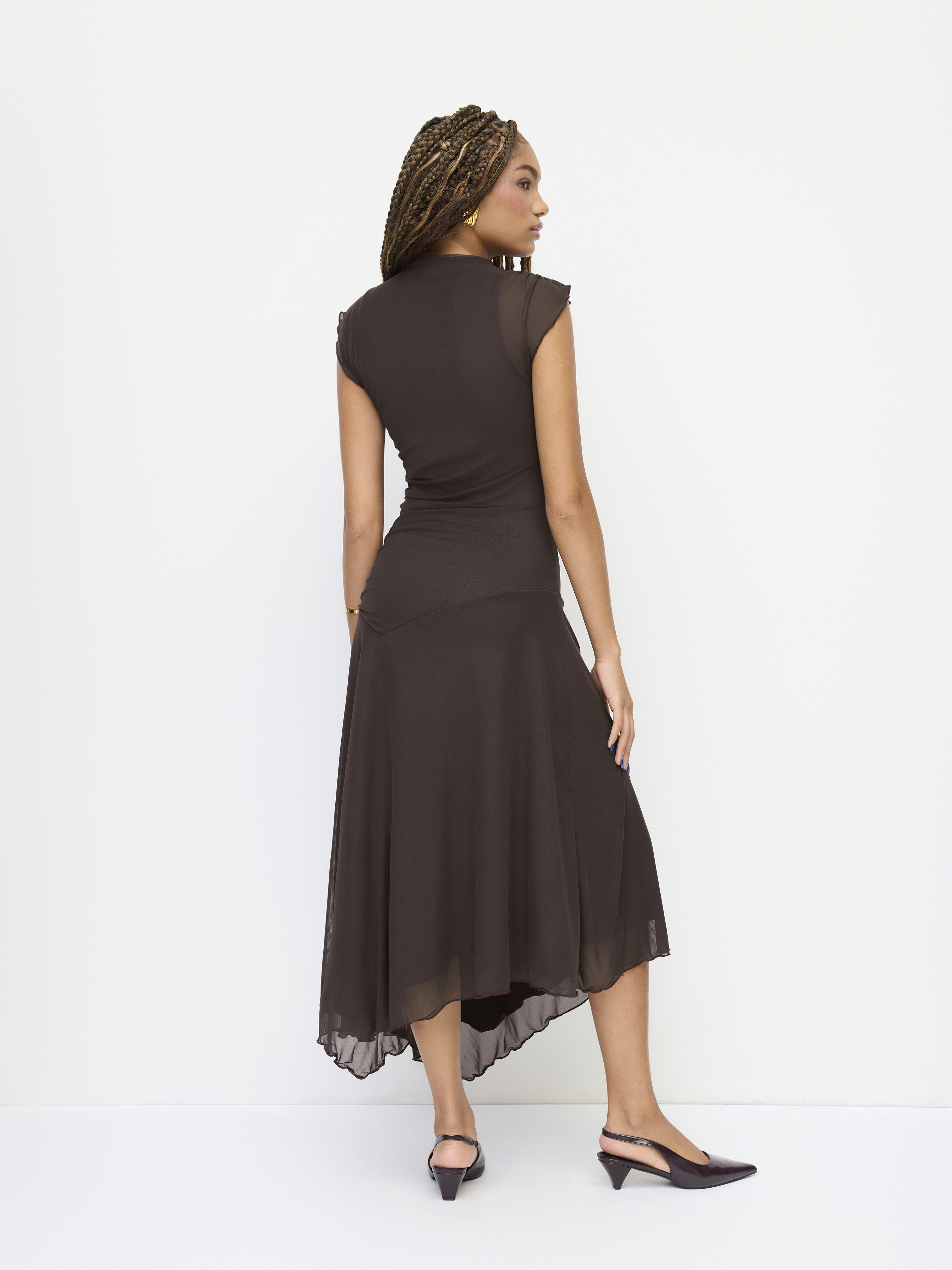 High Neck Ruched Asymmetrical Hem Midi Dress