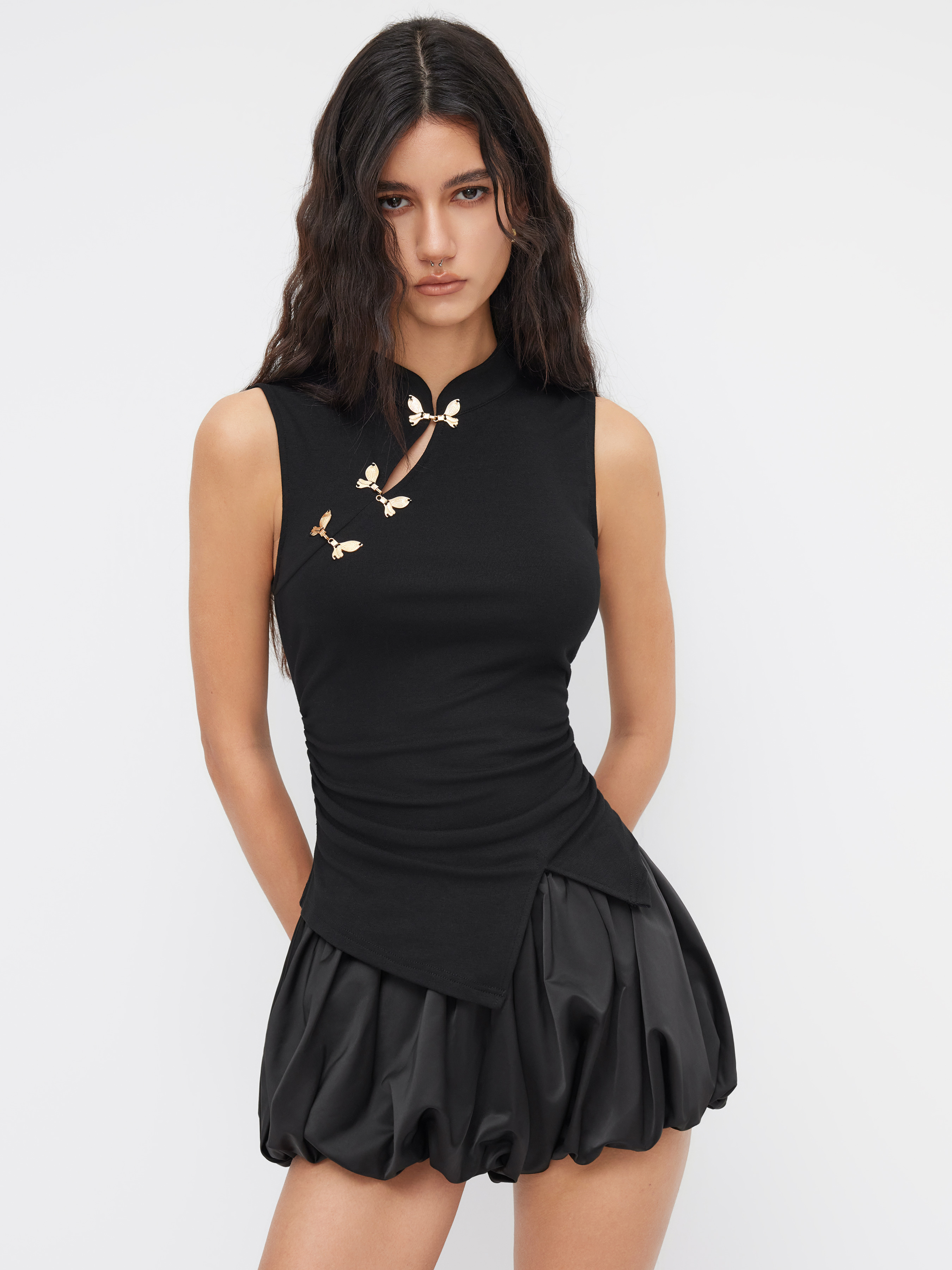 Jersey Mandarin Collar Ruched Split Top For Date