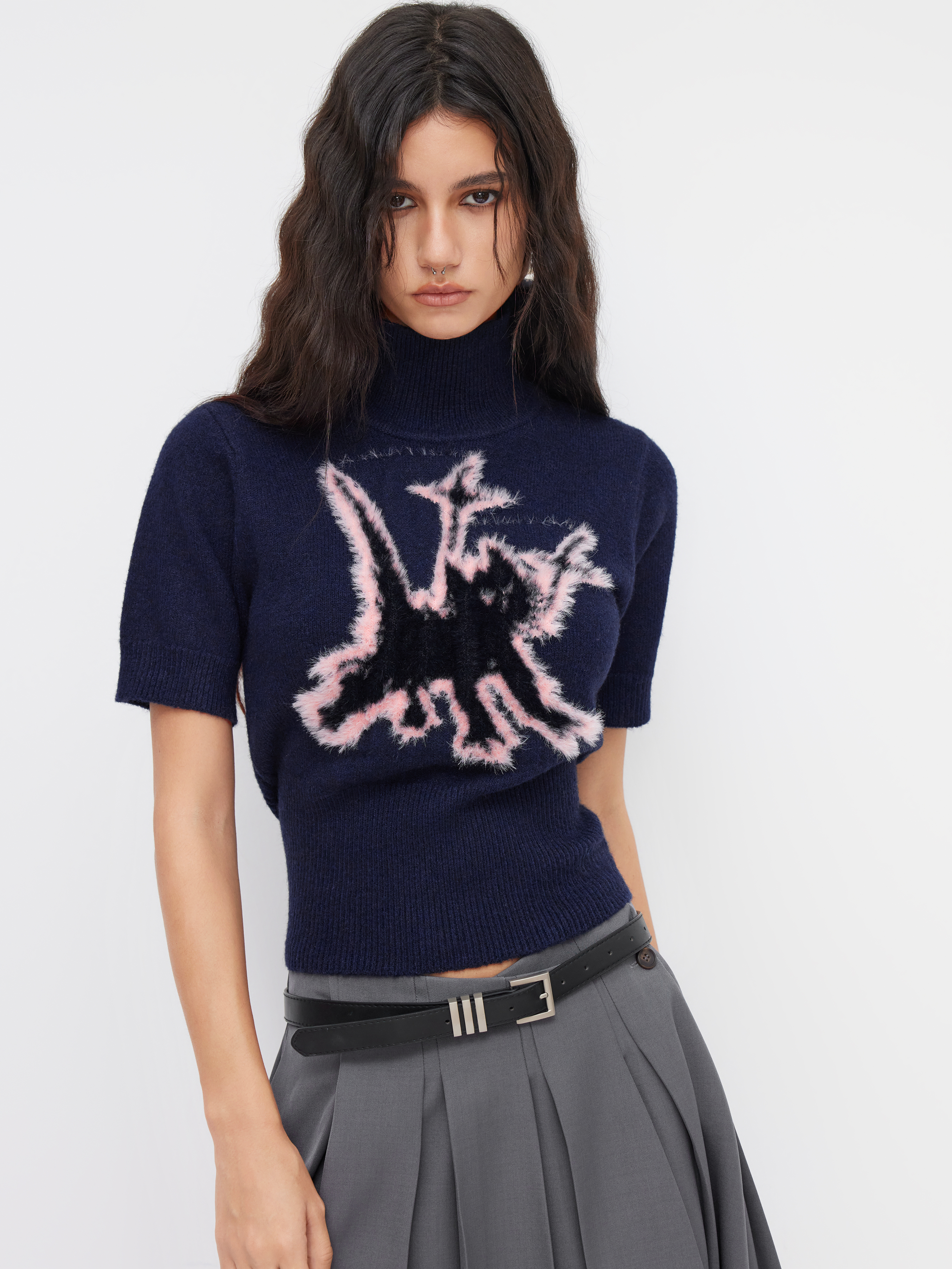 ニット生地 ニット ウール混 猫柄 グラフィック ハイネック 半袖