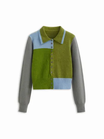 Cardigan lavorato a maglia color block con colletto patchwork e bottoni a maniche lunghe