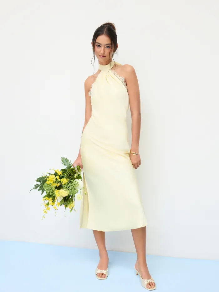 Satin Halter Neckline Lace Trim Knotted Ruched Split Maxi Dress