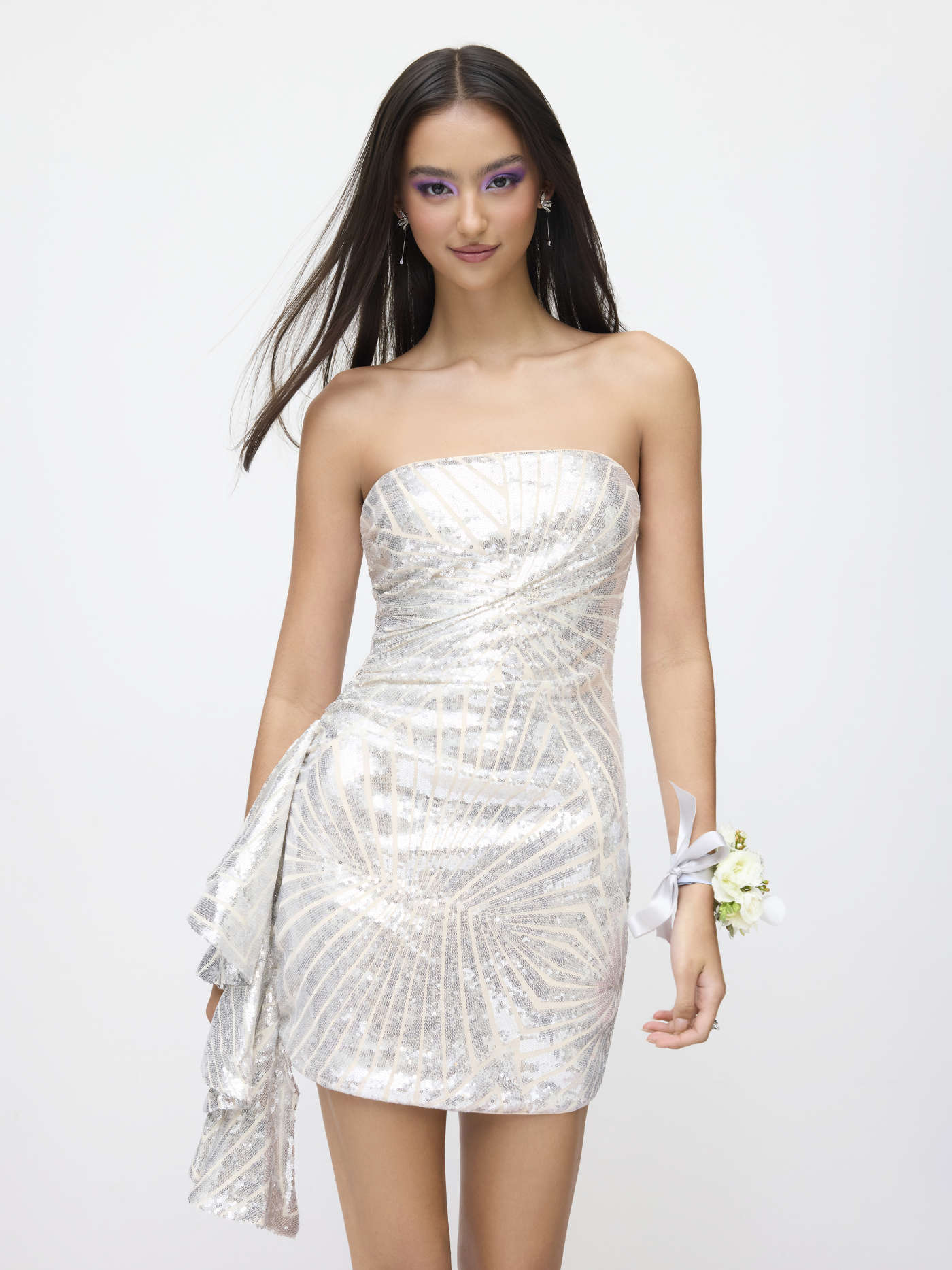 Sequin Abstract Graphic Draped Bandeau Mini Dress