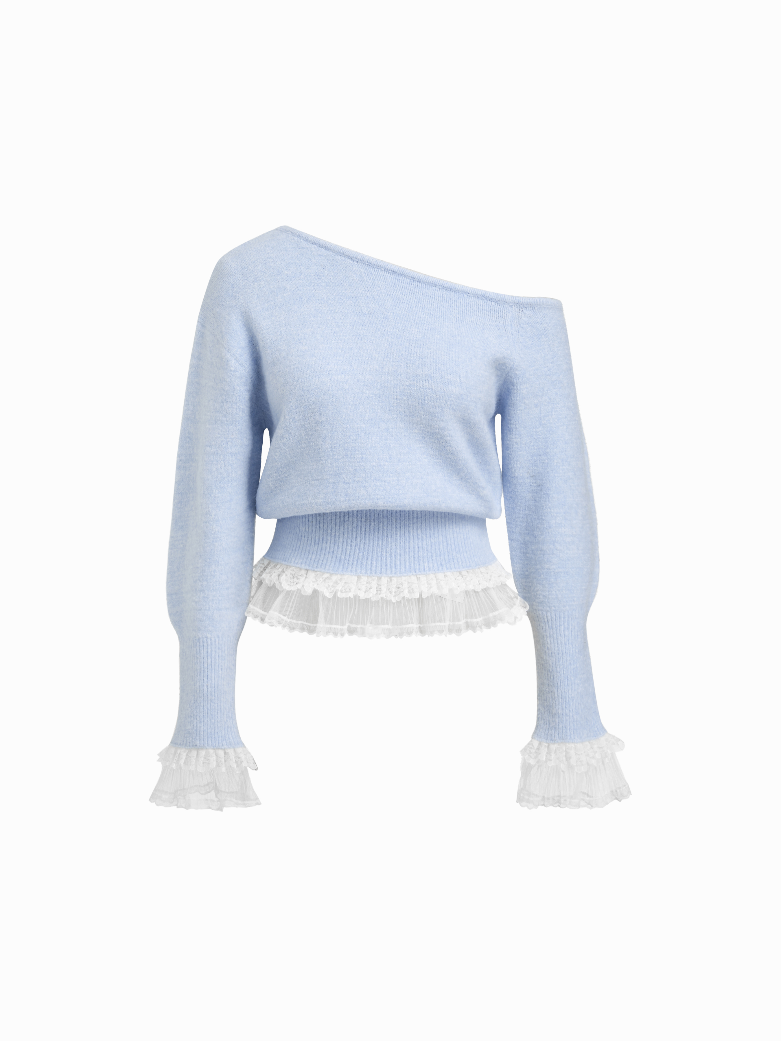 Haut à manches longues en mélange et fil de tricot, col asymétrique, finition dentelle et taille serrée