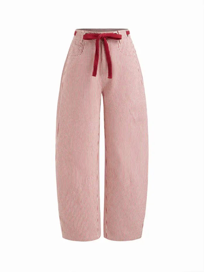 Cotton-blend Mid Rise Striped Drawstring Barrel-leg Trousers