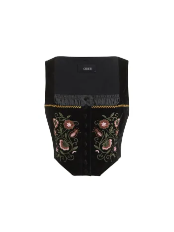Giacca gilet con ricamo floreale a collo quadrato in velluto con orlo a lattuga