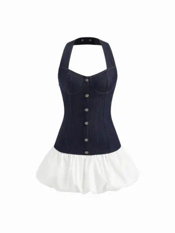 Mini abito elasticizzato in denim con scollo all'americana, bicolore e orlo a palloncino
