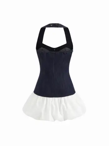 Mini abito elasticizzato in denim con scollo all'americana, bicolore e orlo a palloncino