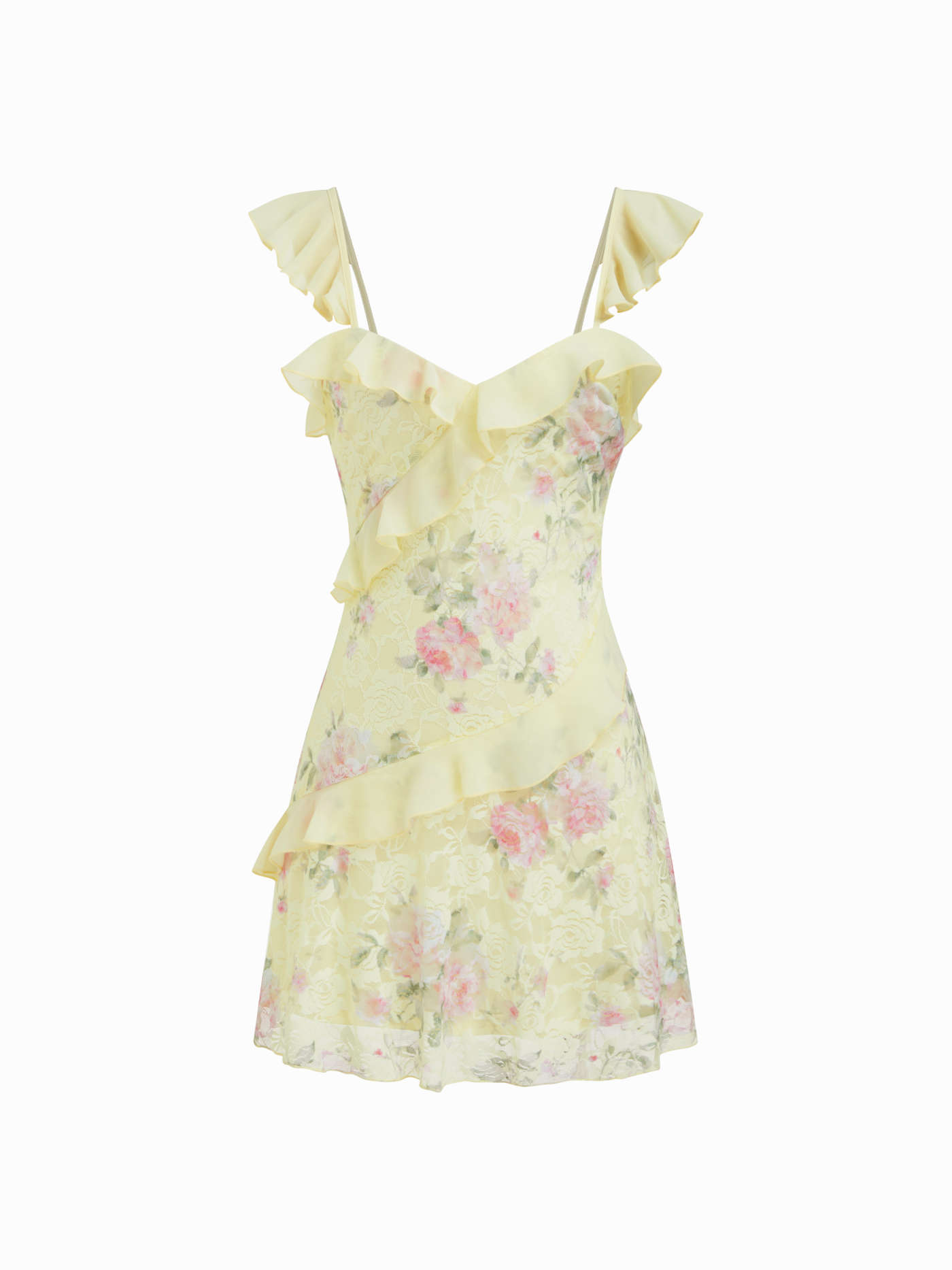 Lace Floral Sweetheart Neck Ruffle Trim Cami Mini Dress