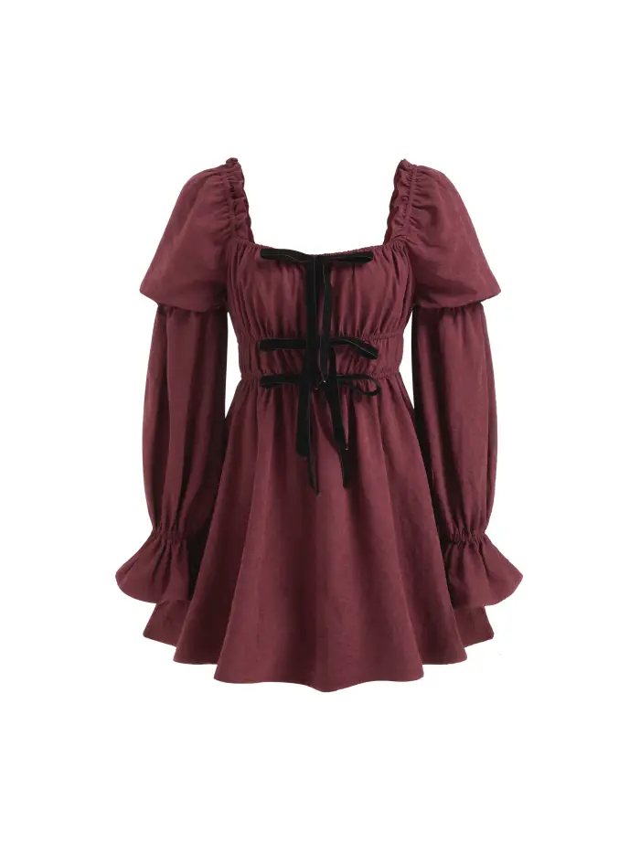 Velvet Square Neck Tiered Bowknot Bell Sleeve Mini Dress