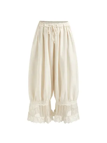 Pantaloni Bloomer Corti con Coulisse a Vita Media con Patch di Pizzo