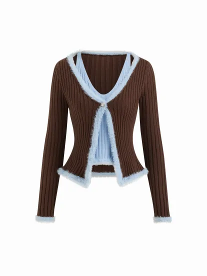 Knit Fabric Faux Fur Collar Long Sleeve Rib Curved Hem Button Top For Daily Casual