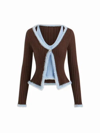 Maglione lavorato a maglia con scollo a V, bicolore, patchwork, con piume finte e maniche lunghe