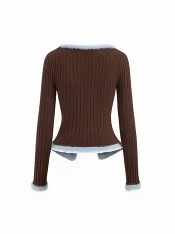 Maglione lavorato a maglia con scollo a V, bicolore, patchwork, con piume finte e maniche lunghe