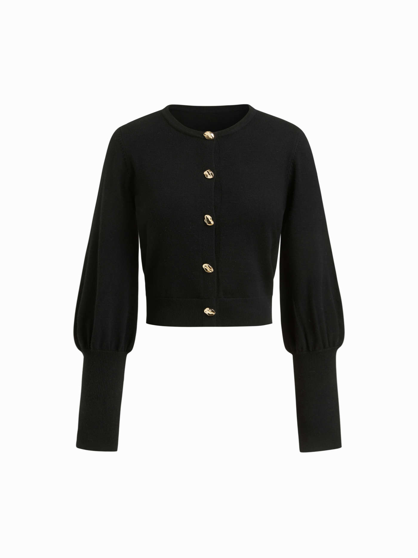 Knit Round Neck Gigot Sleeve Button Metal Detail Cardigan