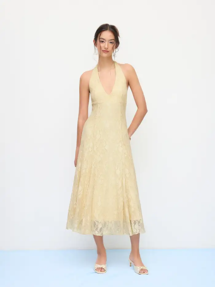 Satin Halter Neckline Lace Trim Knotted Ruched Split Maxi Dress