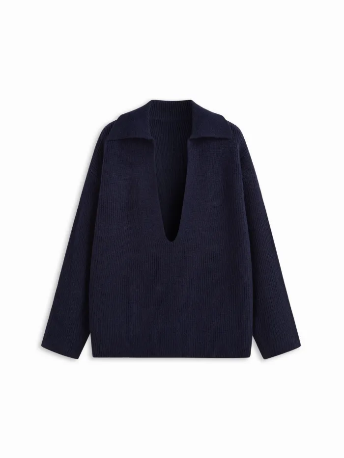 Knit Wool-blend Striped Collar Long Sleeve Top