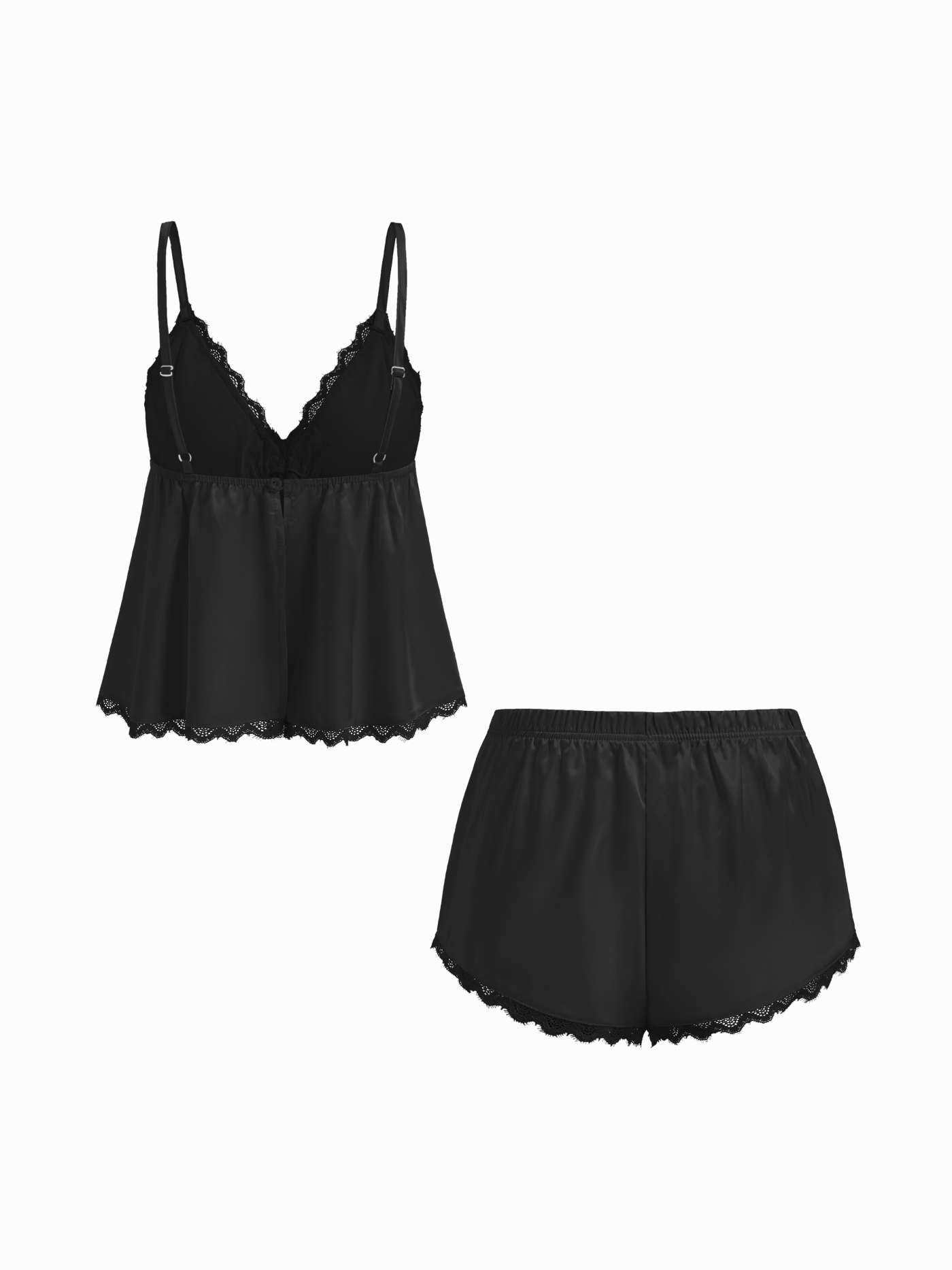Lace V-neck Knotted Cami Top & Satin Mid Rise Lace Trim Shorts Loungewear Set
