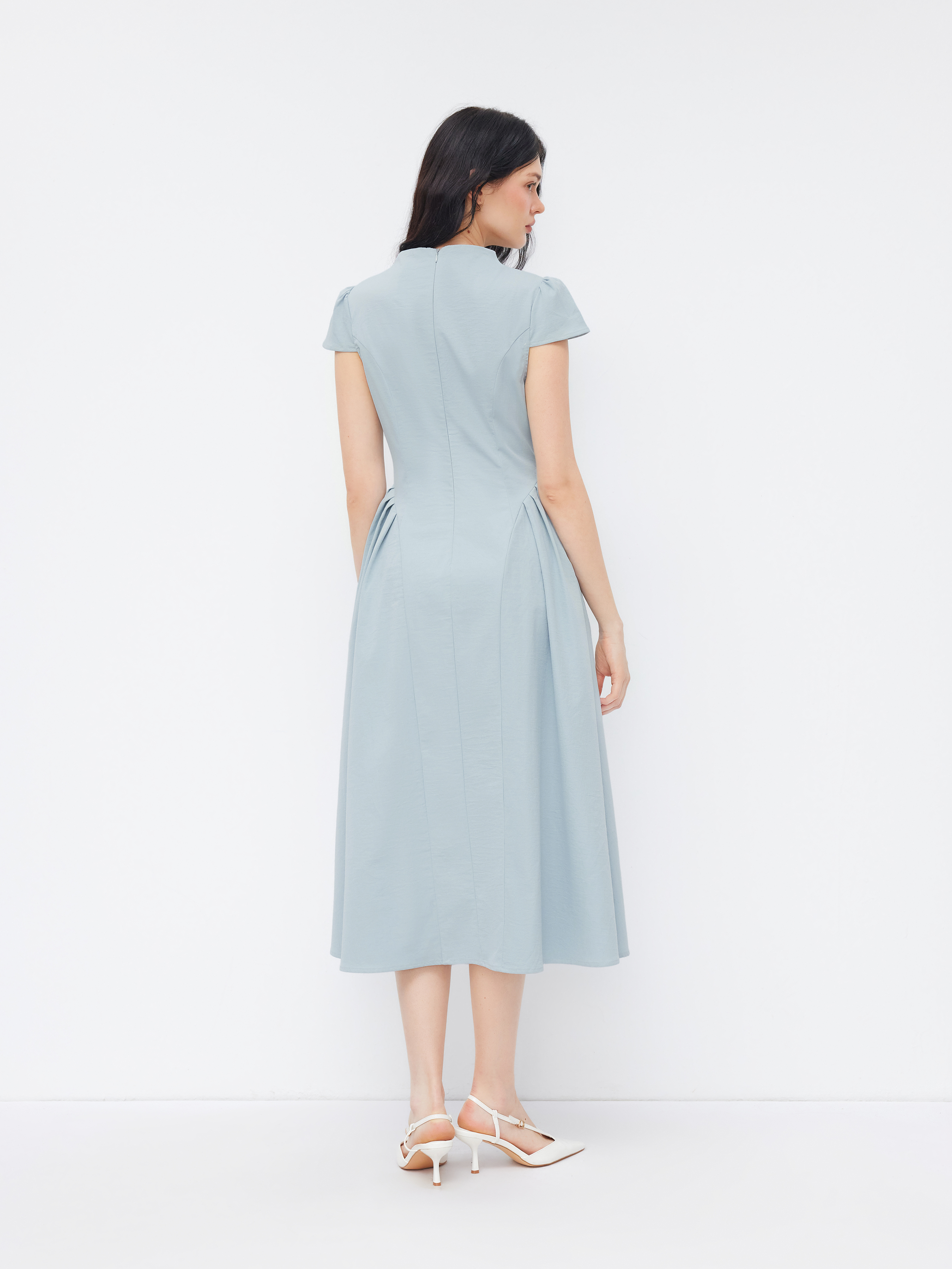 High Neck Ruffle Zipper Midi Dress
