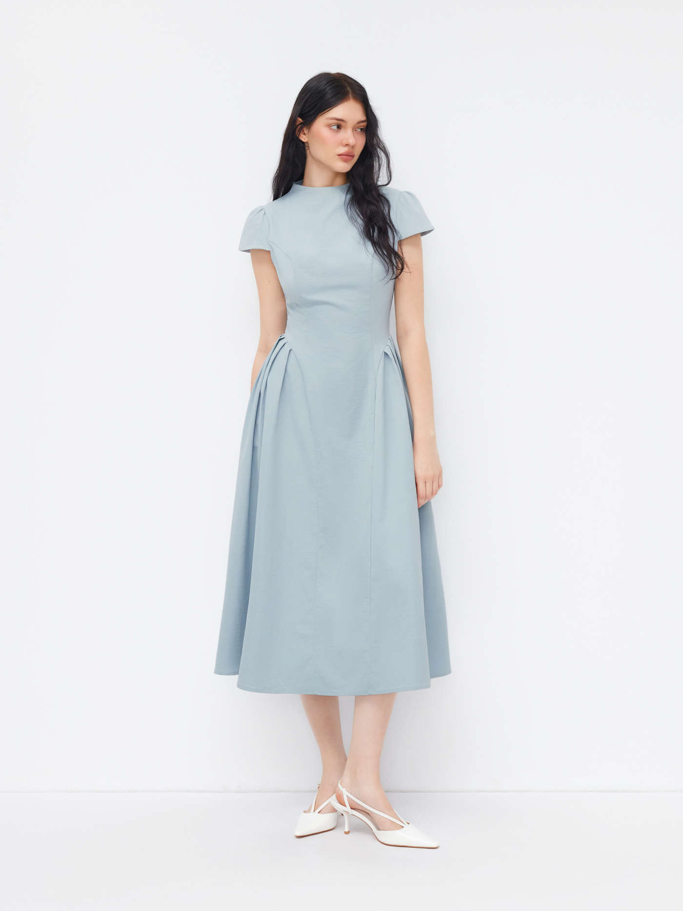 High Neck Ruffle Zipper Midi Dress