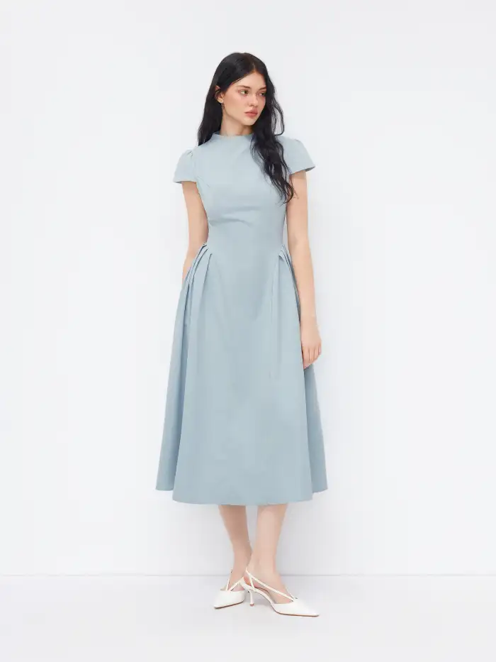 V-neck Solid Pleated Sleeveless Maxi Dress