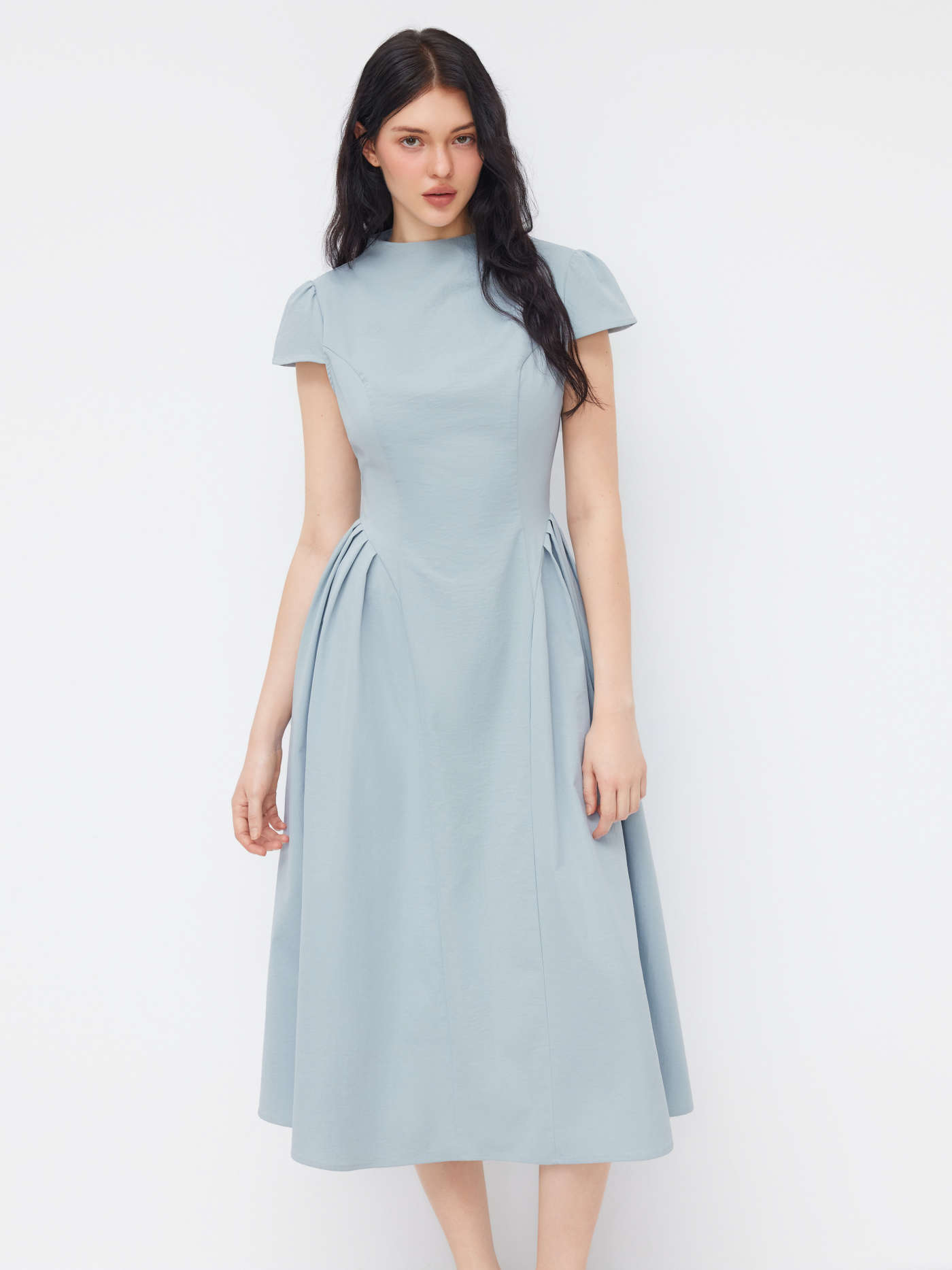 High Neck Ruffle Zipper Midi Dress