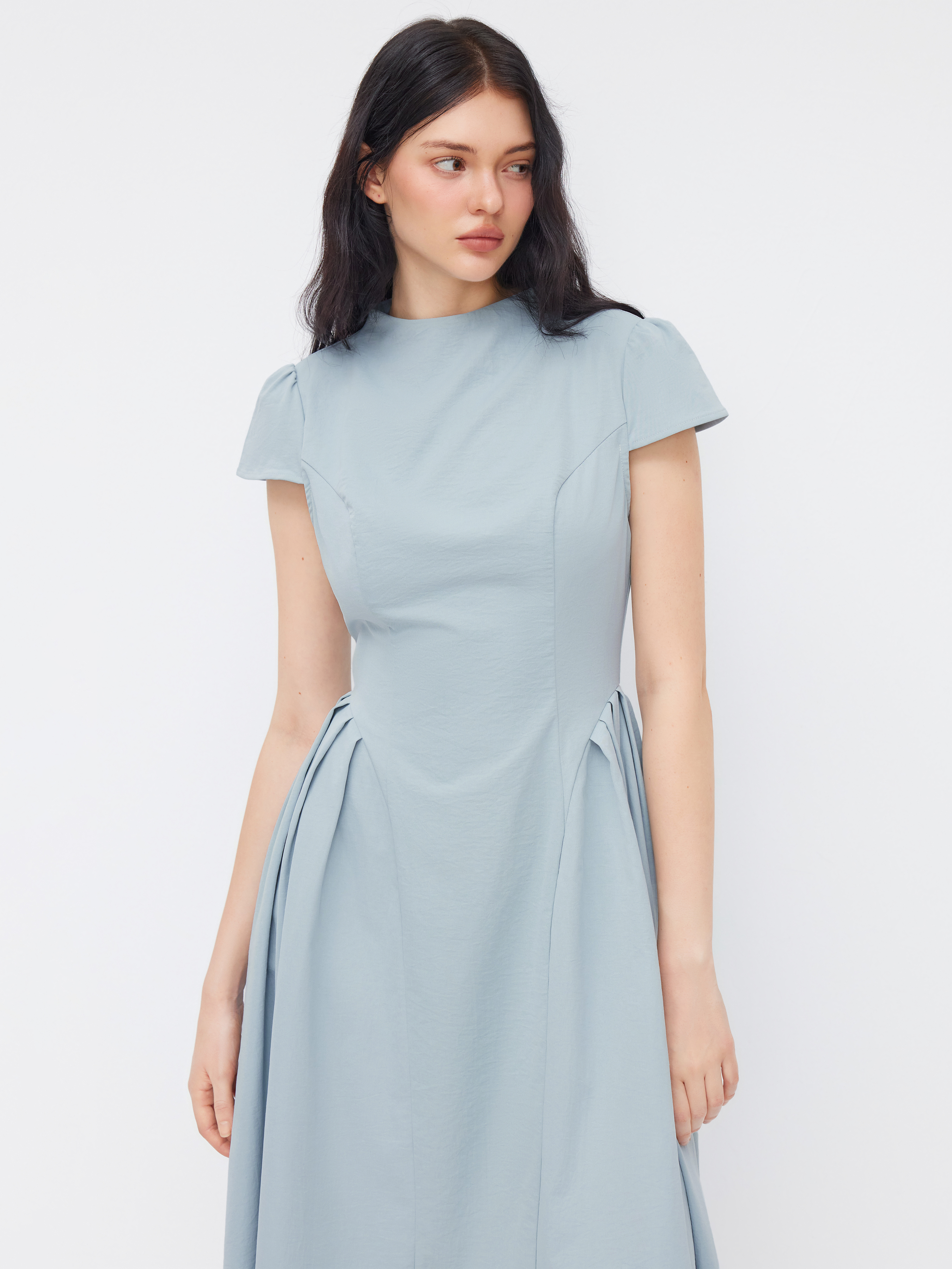 High Neck Ruffle Zipper Midi Dress