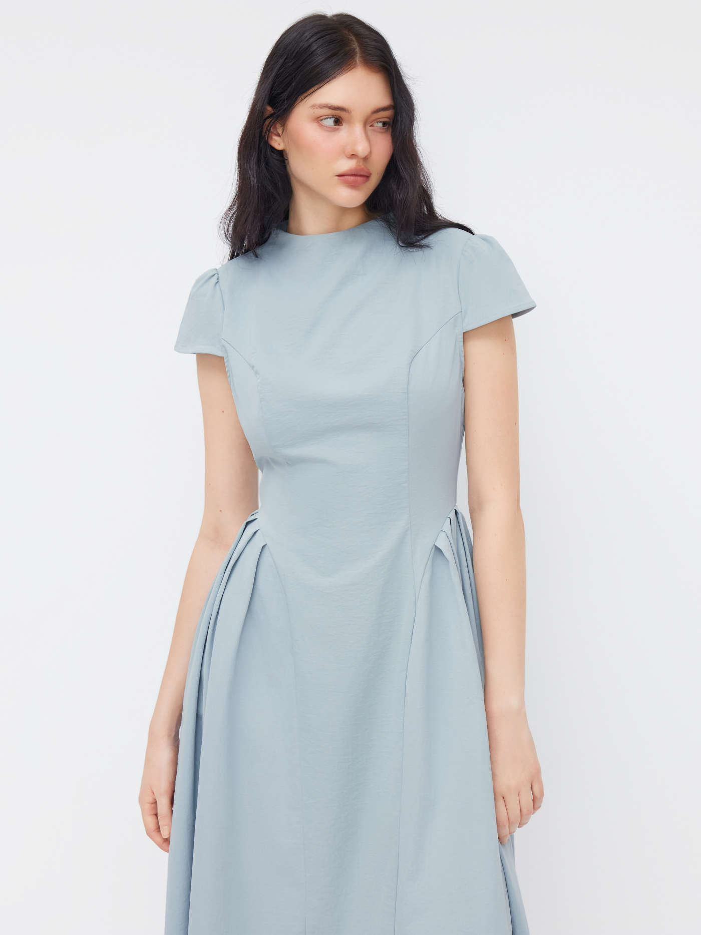 High Neck Ruffle Zipper Midi Dress