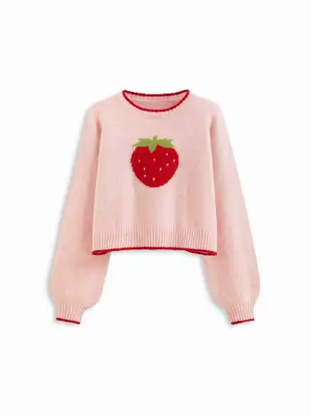 100% Cotton Mid Rise Strawberry Appliques Wide Leg Trousers Curve & Plus