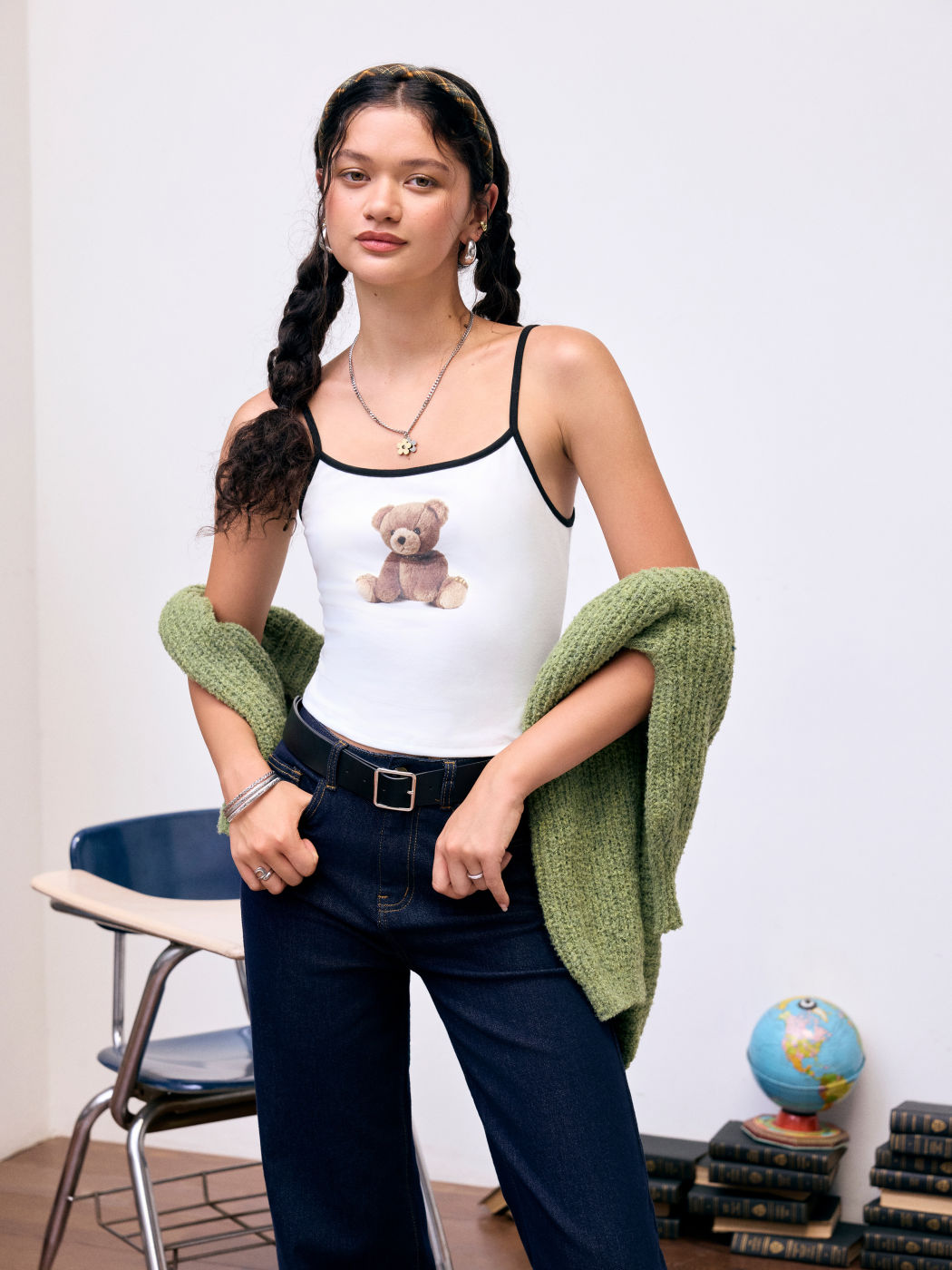 Top Cami con Stampa Orso, Scollo Rotondo e Bordi a Contrasto
