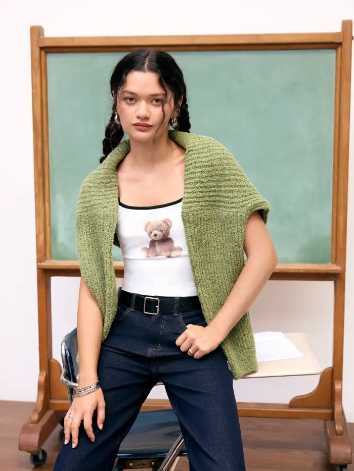 Knit Fabric U-neckline Tartan Short Sleeve Top For Daily Casual