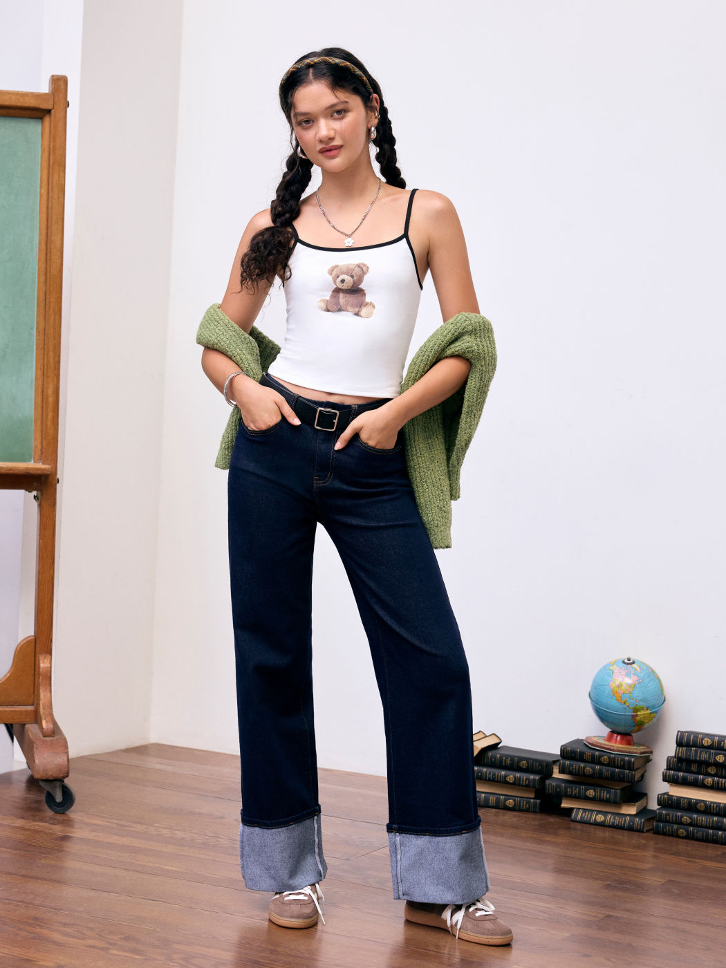 Top Cami con Stampa Orso, Scollo Rotondo e Bordi a Contrasto