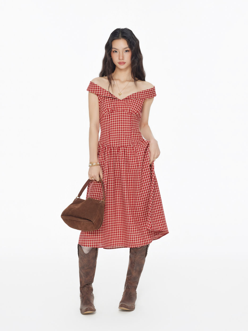 Baumwollmischung V-Ausschnitt Gingham Knopf Maxikleid